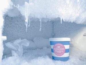 A completely frozen freezer with an ice cream cup inside.