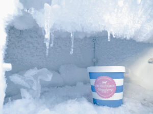 A completely frozen freezer with an ice cream cup inside.