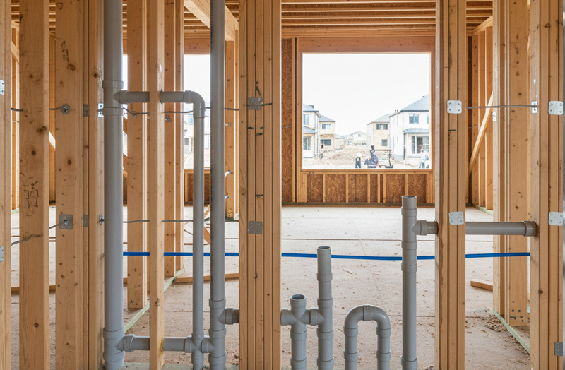New PVC plumbing pipes installed in the wooden frame of a house under construction