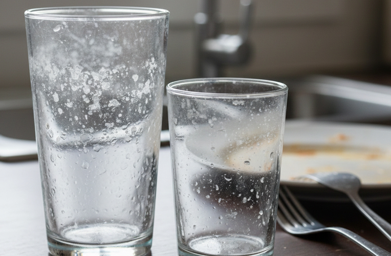Clear drinking glassware on a table looking cloudy due to hard water mineral spots.