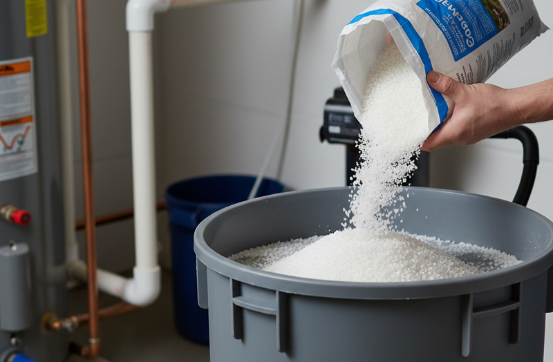 A person pouring white water softener salt pellets into a system.