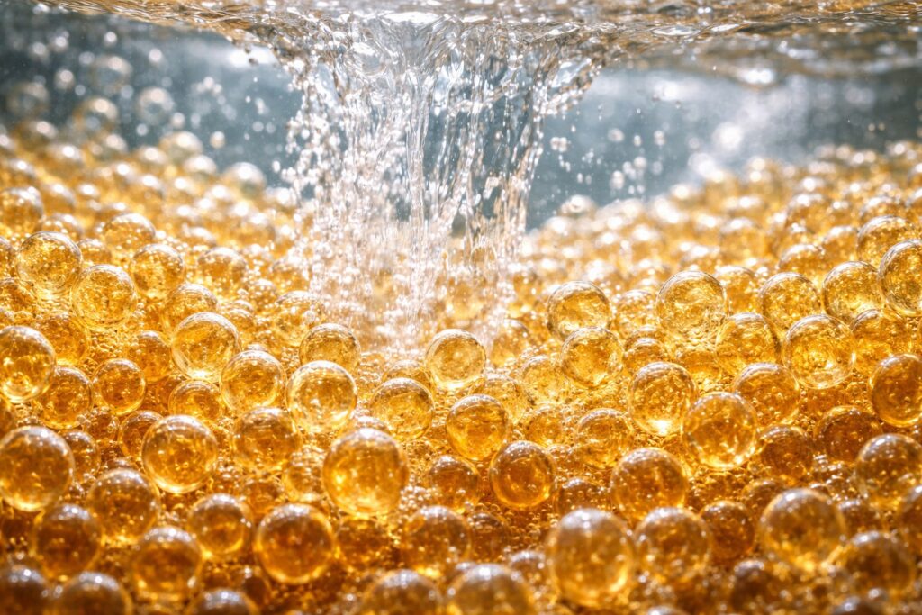 Ion exchange resin beads for residential water softeners.