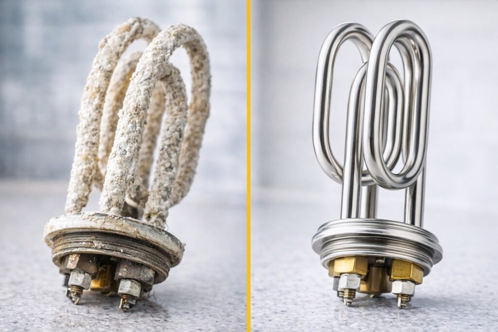 Comparison of hard water damage vs. protection with a water softener.