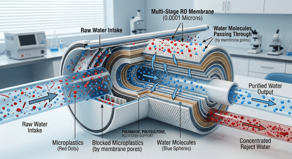 How reverse osmosis filters microplastics from drinking water.