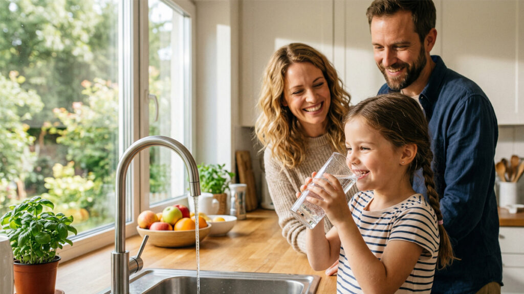 Family enjoying purified drinking water from a whole house filtration system in Central Florida.