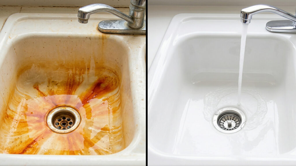 Before and after effects of well water treatment on iron staining in Florida homes.