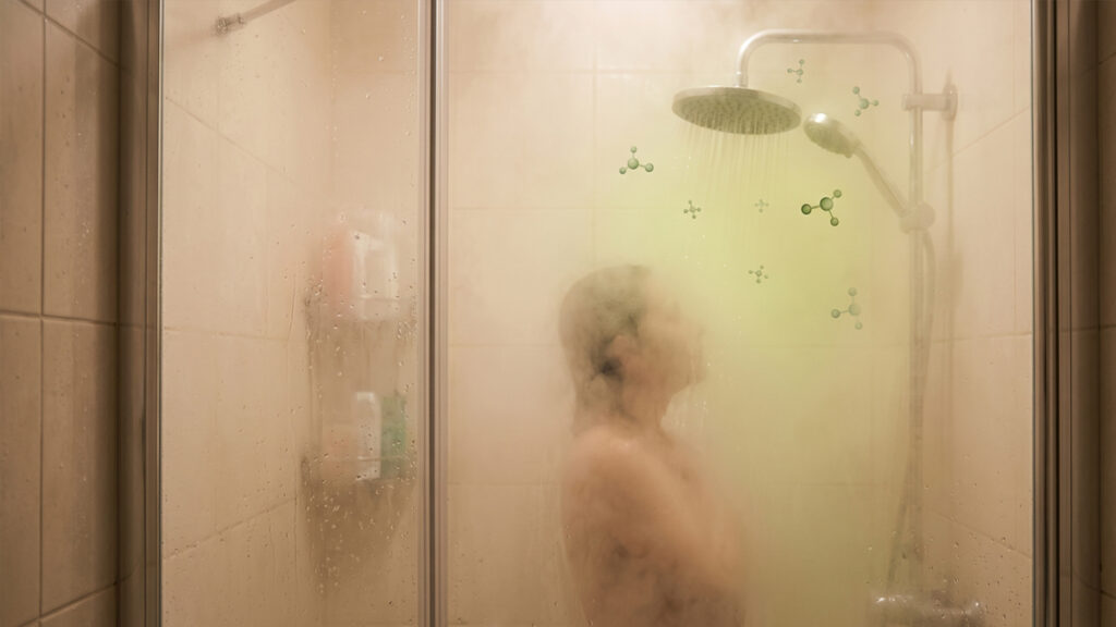 Chlorine exposure through hot shower steam in bathroom 