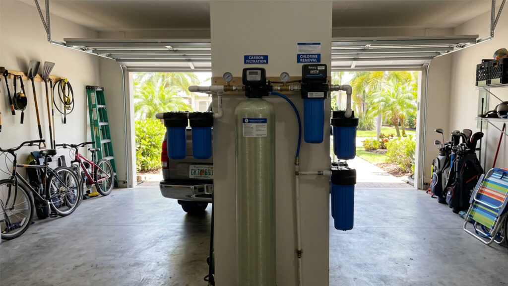 Carbon filtration system removing chlorine from household water 