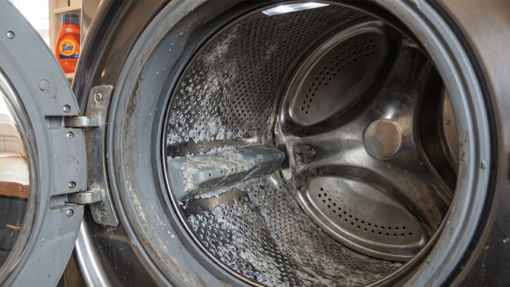 Hard water mineral deposits inside a residential washing machine