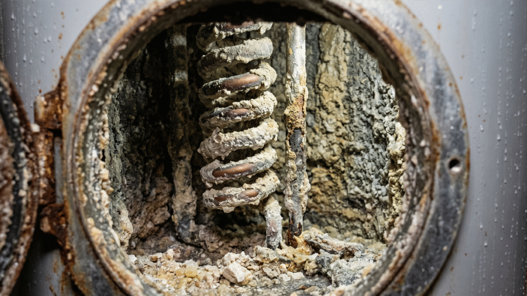 Hard water scale buildup inside a residential water heater in Central Florida