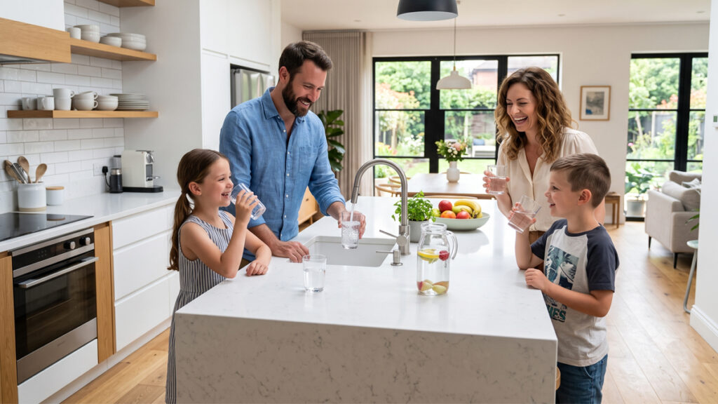 Family enjoying clean filtered drinking water after professional water filter maintenance