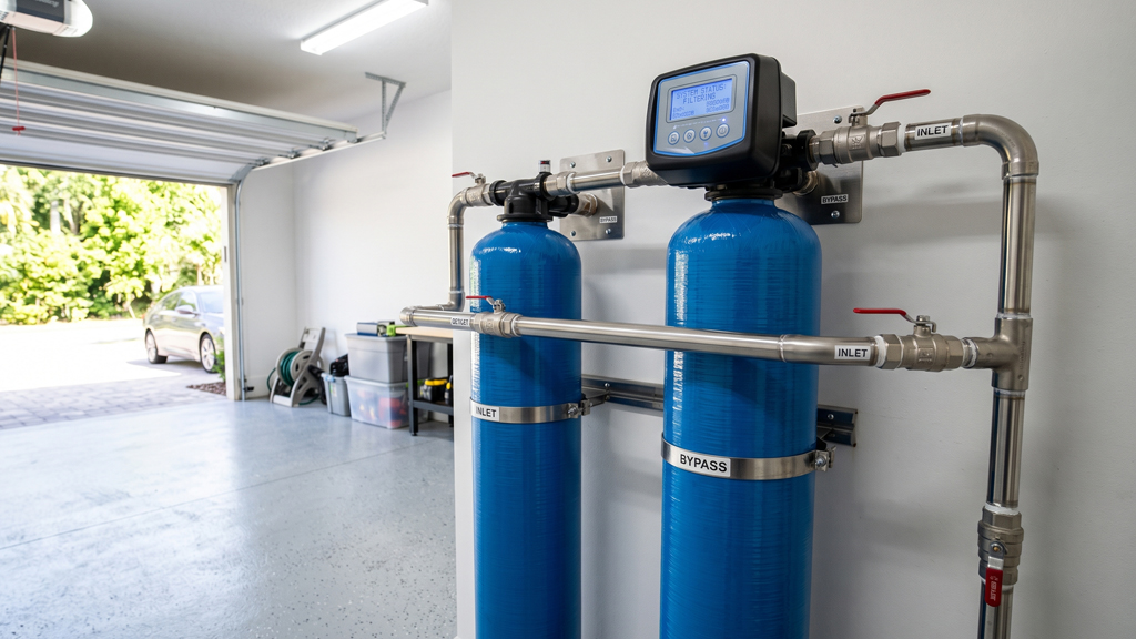 Whole house water filtration system installed in a Central Florida home garage.