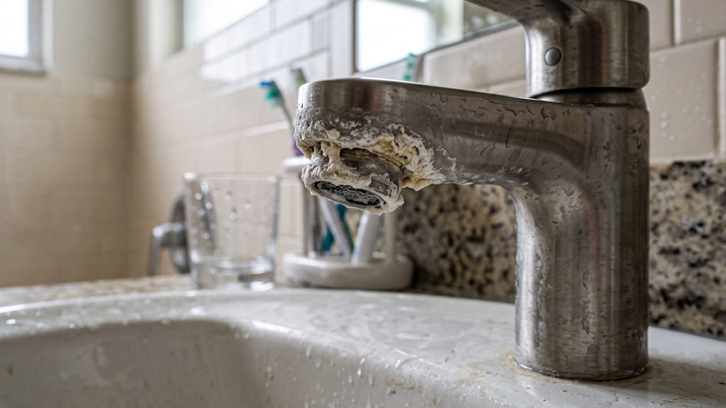 Hard water scale and mineral build-up on a Central Florida bathroom sink faucet.