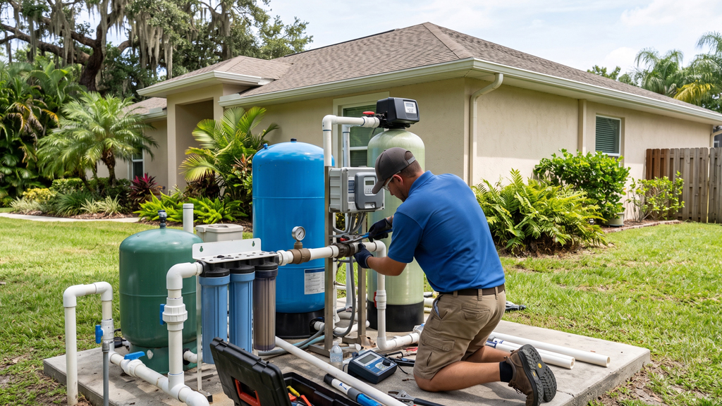 Certified technician performing maintenance on a residential well water treatment system in Central Florida.