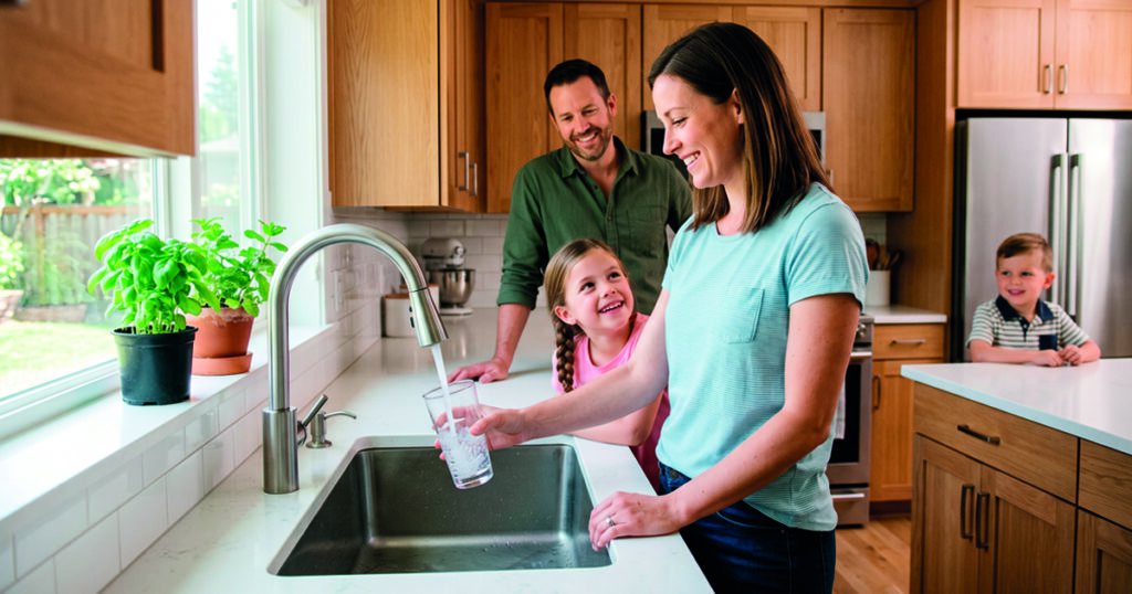 Family enjoying pure clean tap water from a whole home water filtration system