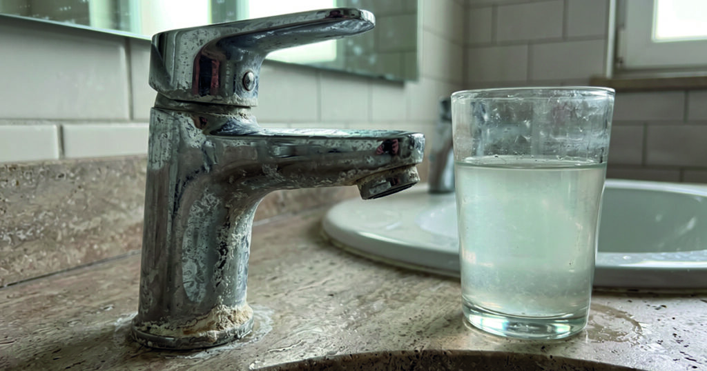 Limescale buildup and hard water mineral deposits on a Central Florida bathroom faucet