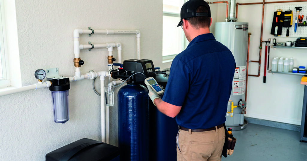 Certified technician inspecting a whole home water conditioner system in Florida