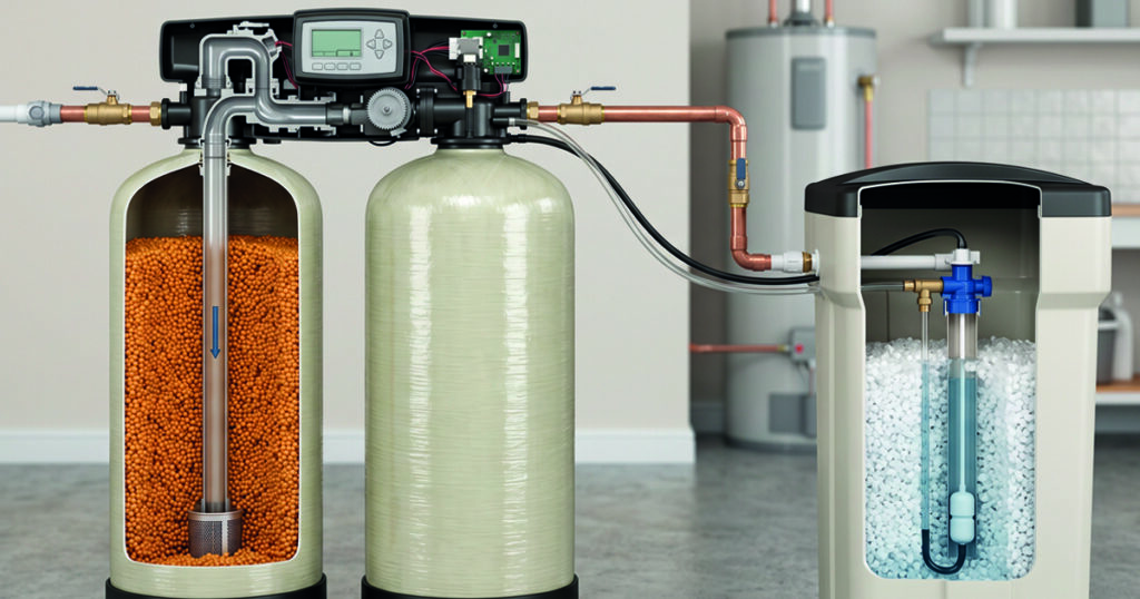 Resin tank and brine tank configuration of a residential ion exchange water softener