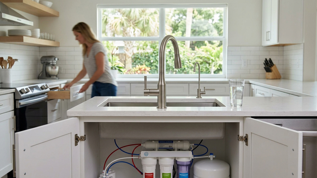 A contemporary kitchen in a Central Florida home with a glass of drinking water beside a modern faucet and an under-sink reverse osmosis system subtly visible inside the cabinet.