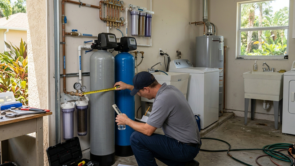 Technician inspecting residential water filtration equipment in Central Florida
