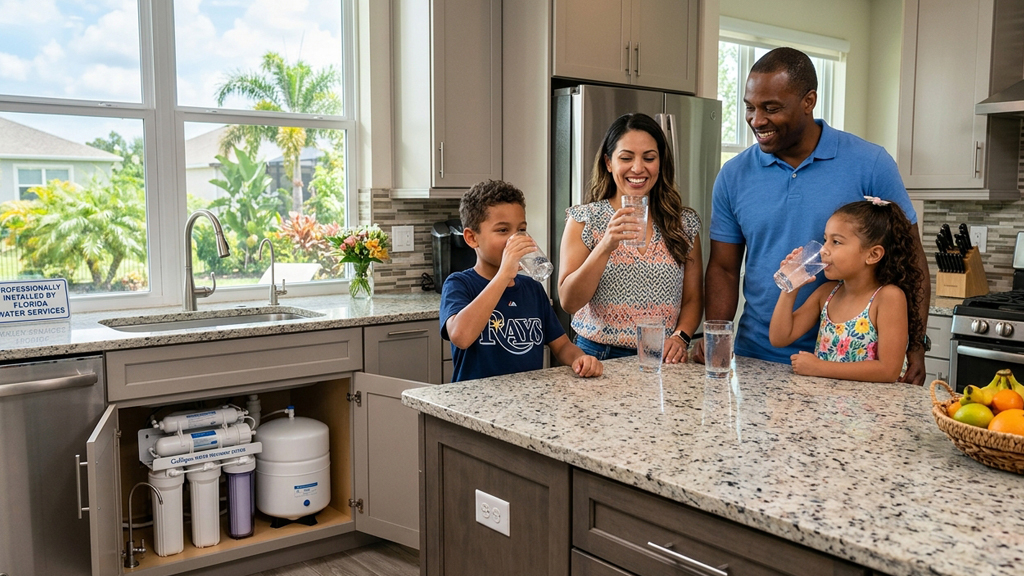 Family enjoying filtered water from a home water treatment system in Central Florida